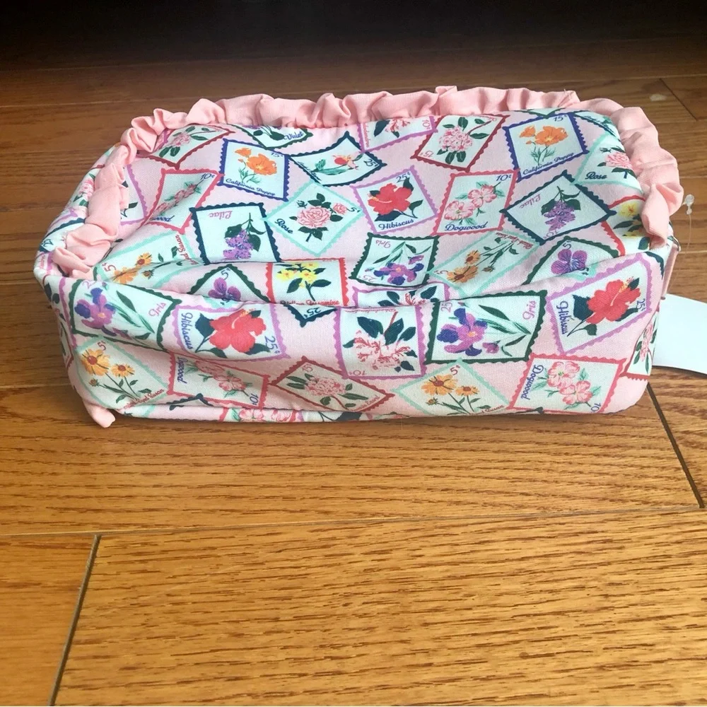 Lancome Pink Floral Stamp Ruffle Coated Canvas like Pouch Cosmetic Bag NWT